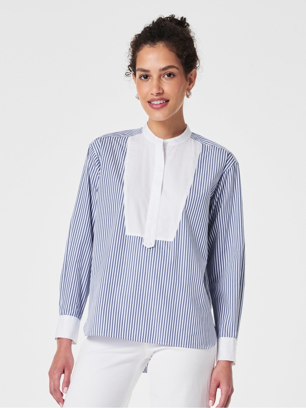 SPANX Poplin Tuxedo Striped Shirt in Blue Size S